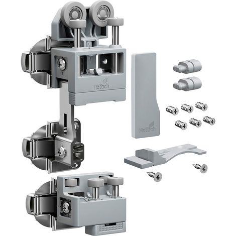 Hettich – Ferrure de base WingLine L pour porte lourde – Guidage bas – Côté gauche – Fermeture automatique – Décor gris – Charge max 25kg par vantail