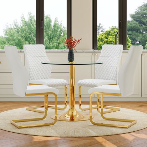 Conjunto de mesa de comedor redonda 85x85x76 cm, con 4 sillas, tablero de cristal templado, metal y PU, transparente, blanco y dorado (1/5)
