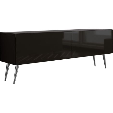 Meuble TV : Noir Mat/Noir Brillant, pieds Chrome, 140 x 52 x 32 cm (1/5)