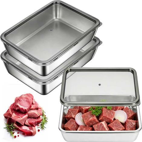 3er-Set Frischhalteboxen, 25 x 20 x 5 cm, Edelstahl, mit Sichtdeckel, stapelbar, für Kühlschrank, Backofen und Spülmaschine geeignet, für Käse, Aufschnitt, Fleisch (1/5)
