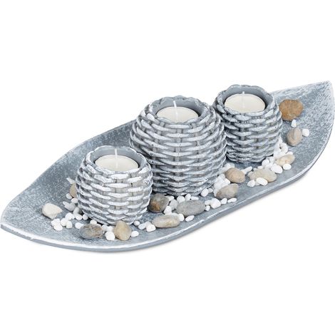 Relxdays Kerzen Deko, Kerzenschale, Dekokies, Flechtoptik Kerzenhalter, stimmungsvolle Tischdeko, 38,5 cm lang, grau