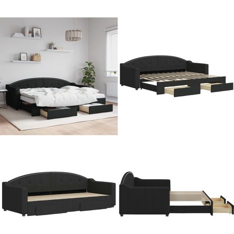Lit de jour avec gigogne et tiroirs sans matelas noir 80x200 cm - Canapé Lit - Lit Gigogne - Meuble Multifonctionnel - Lit D'appoint - Rangements Intégrés - Home & Living