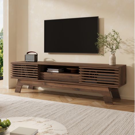 Mueble TV 150x35x44 cm con puertas de lamas, cajón y gestión de cables, MDF color nogal (1/5)