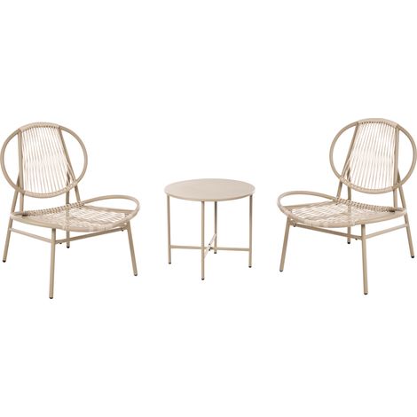 Conjunto de balcón moderno de ratán sintético con 2 sillas y mesa de centro redonda de acero galvanizado beige Ovaro (1/5)