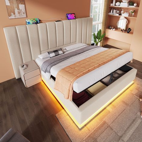 Polsterbett 160/200 cm beige aus Leinen mit LED, Stauraum und Ladefunktion (1/5)