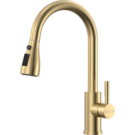 JANLEMNY Gold Kitchen Tap, Kitchen Sink Taps Mixer with Pull Out Spray, Kitchen Mixer Tap with 3 Spary Modes, 360° Swivel Single Handle Gold Tap for Kitchen Stainless Steel Gold-Double Broom (1/5)