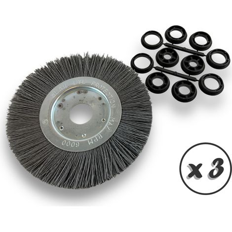 Lot de 3 brosses circulaires NYLON Abrasif Ø 200 mm Epaisseur 1 rang Carbure de silicium Grain 240 Alésage 32 mm + réducteur bague 25/22/20/16/12 mm Touret ponceuse Kibros 218201KR240x3 (1/5)