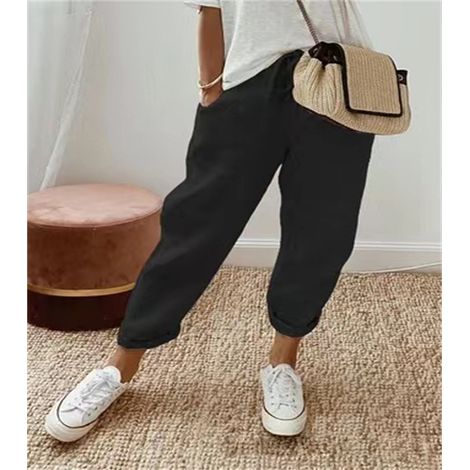 Pantalon femme en lin naturel, coupe large palazzo décontracté, taille élastique à cordon, tenue d'été légère, pantalon yoga fluide pour maison et détente