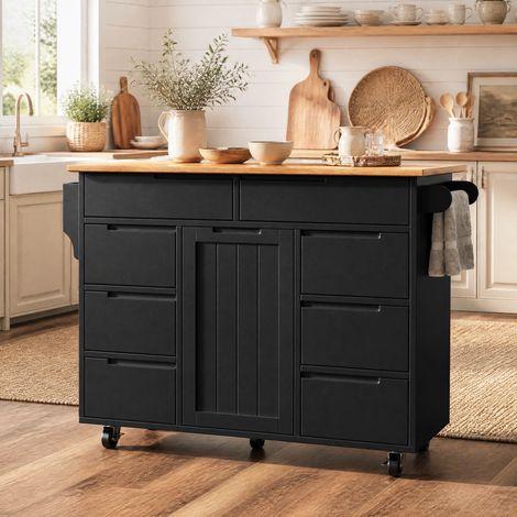 Isola cucina mobile con ruote, piano ribaltabile, 8 cassetti, MDF nero DESVIAE (1/5)