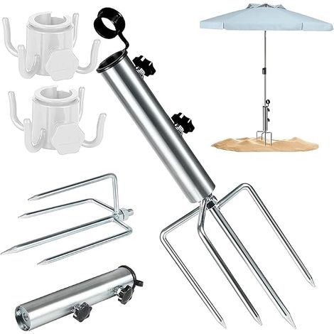 Pied de parasol avec piquet de pelouse, pied de parasol avec 4 piquets et parasol, pied de parasol amovible et réglable, ancrage au sol robuste pour la pêche, le jardin, la plage et l'herbe (1/5)