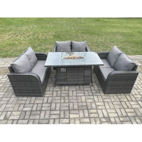Fimous Rattan Outdoor Garden Furniture Sofa Set Gas Fire Pit Dining Table Gas Heater with Love Sofa Dark Grey Mixed (1/5)