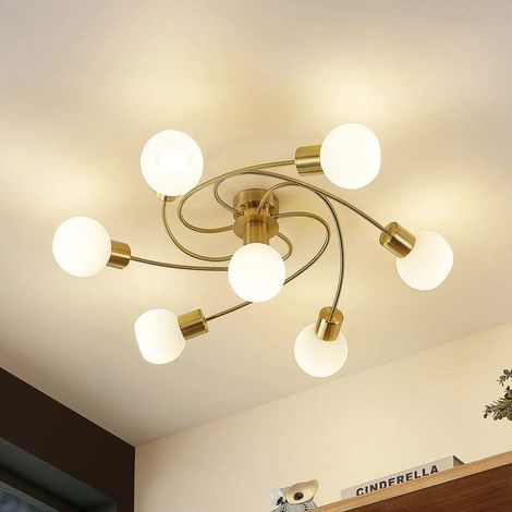 [NEUWERTIG] B-Ware Lindby Deckenlampe Ciala 7-flg LED Deckenlampe messingfarben E14 opalweiß Lampe (1/2)