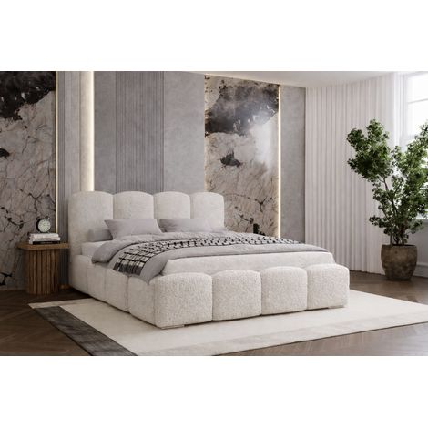 Lit rembourré 180x200 Zenna - bouclé, lit adulte avec rangement, sommier - Crème (Lambi 1)