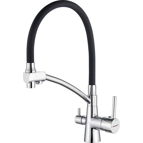 Robinet de Cuisine à 3 voies, Mitigeur de Cuisine Flexible, Robinet d'Évier d'Eau Potable Réglable à 360° (Double Poignée), Corps en Laiton, Chrome, Argent/Noir (1/5)
