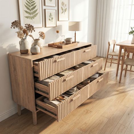 Cassettiera a 6 Cassetti con Design Cannettato - Comò / Credenza Bassa in Stile Nordico per Camera da Letto o Soggiorno