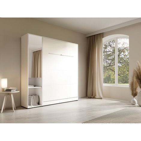 Letto a scomparsa verticale 140 x 200 cm 1 colonna contenitore Con specchio e LED Bianco - RAPILI