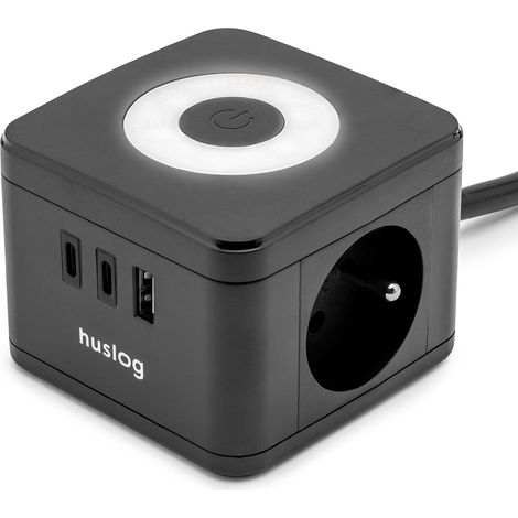 Multiprise Cube 2 Prises + 3 USB, veilleuse LED, Noire (1/5)