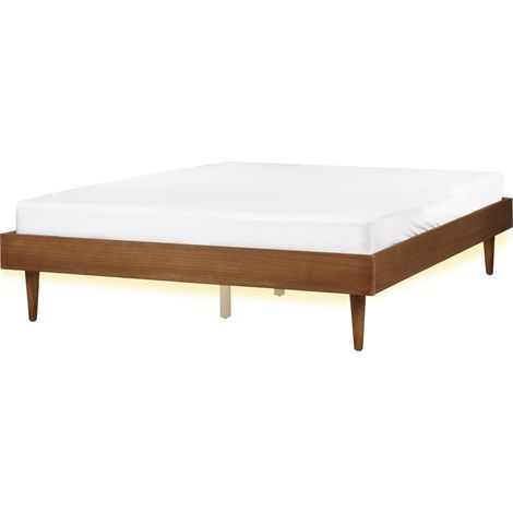 Cama moderna 160 x 200 cm con somier de láminas sin cabecero LED madera de fresno marrón Toucy