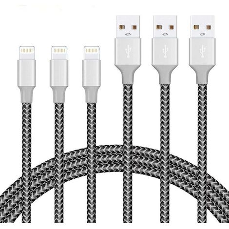 Aiperq – Lot de 3 câbles Lightning 1,8 m – Vitesse de charge jusqu'à 2,4 A – Nylon tressé anti-enchevêtrement – Compatible iPhone 5 à 11 Pro Max