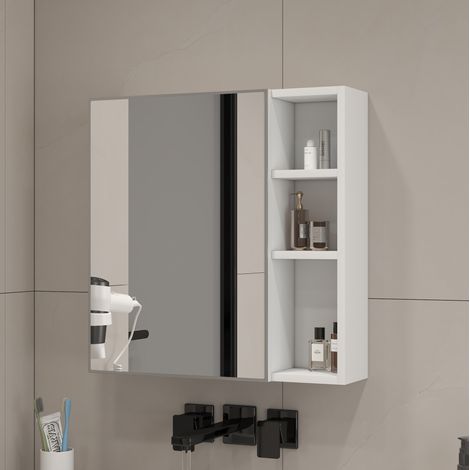 Mobile specchio da bagno sospeso in MDF bianco e vetro, 55 x 56 cm, con contenitori interni (1/5)