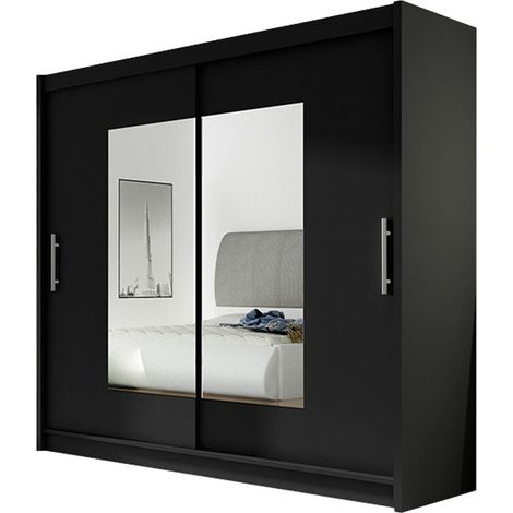Armoire Closico 106, Noir, 215x180x58cm, Portes d'armoire: Coulissantes, Nombre d'étagères: 5