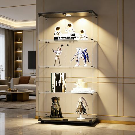 Vitrine en Verre avec LED, Armoir de Vitrine pour Collection Moderne avec 2 Portes et 4 étagères en Verre ESG, pour Le Bar, Le Salon, 164 x 80 x 36 cm, Noir