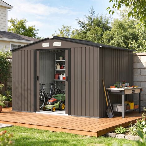 Abri de jardin 5,4 m² 2,77 x 1,95 x 1,92 m kit de fondation porte coulissante ventilations acier galvanisé, marron (1/5)