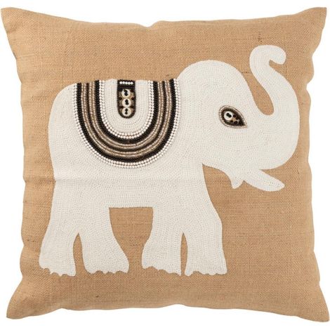 Coussin Déco Jute "Eléphant" 60x60cm Beige & Blanc (1/4)