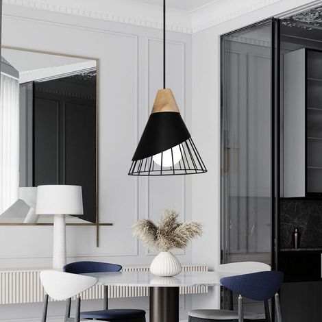 Lustre Suspension Vintage Rétro Cage Forme Badminton en Métal et Bois E27 25cm Plafonnier Luminaire Noir (1/5)
