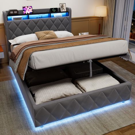 Letto contenitore per adulti 140x200 cm rivestito in tessuto grigio con LED, USB e prese, testiera con contenitore, base a doghe (1/5)