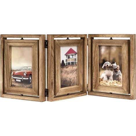 10x15 Cadre Photo en Bois Rustique Pliant à Charnière Triple Cadres Photo Collage, Affichage Double Face Rotatif Haute Définition Cadre Photo en Verre pour Table de Maison (Noir carbonisé) (1/5)