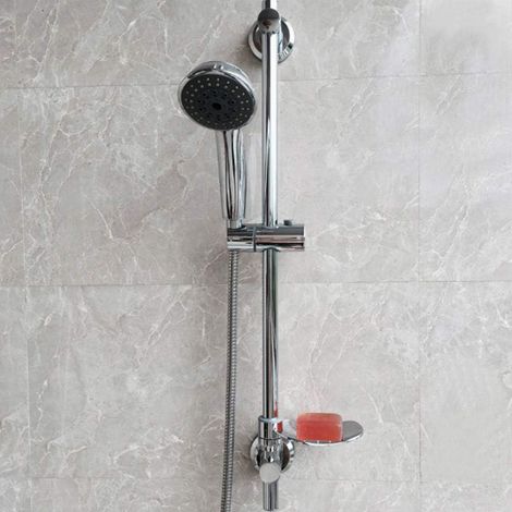 Support de barre de douche coulissante en acier inoxydable avec porte-savon intégré et ventouse pour installation facile. (1/5)