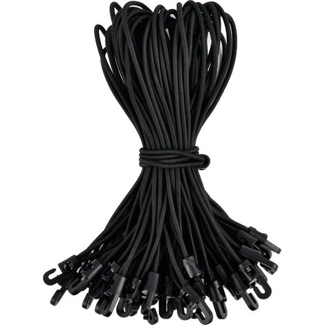 20 cuerdas elásticas negras de 25 cm con ganchos, flexibles para lonas, tiendas de campaña, cortinas y arneses.