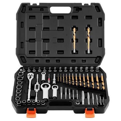 Juego de Extractor de Tuercas y Tornillos Dañados 63 Piezas, con Partidor de Tuercas, Macho de roscar, Brocas, Llaves de Trinquete, Adaptadores Estuche, para Sacar Pernos Rotos Oxidados Pintados (1/5)