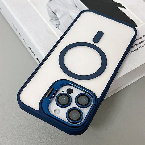 (iPhone 12, bleu foncé) Coque magnétique antichoc, compatible MagSafe, avec protection d'objectif en verre