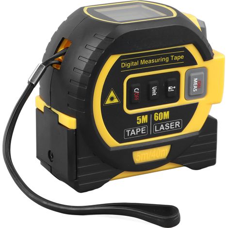 Télémètre laser infrarouge 3 en 1, portée 60 m, avec ruban à mesurer de 5 m et ligne croisée verticale. Outil de mesure précis à verrouillage automatique, couleur jaune. (1/5)