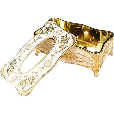 Dispensador de pañuelos clásico en un diseño blanco y dorado.