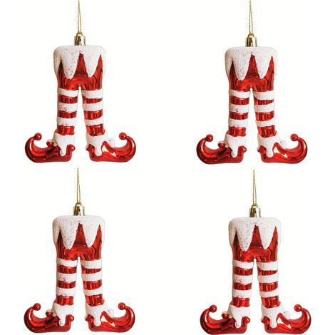 Lot de 4 décorations de Noël en forme de jambes d'elfe - Pendentifs de sapin en forme de bottes d'elfe à rayures rouges et blanches pailletées, décoration de Noël suspendue en plastique (1/5)