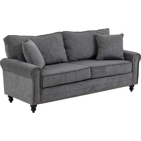 196cm 3 Seater Sofa, Fabric Sofa Rubber Wood Legs, Nailhead Trim, 2 Pillows, Small Upholstered Couch Settee for Living Room, Guest Room, Grey (1/5)