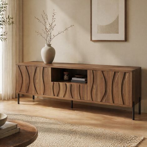 Mueble TV 160 x 35 x 46 cm natural con puertas onduladas y cableado (1/5)
