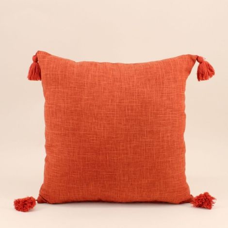 Coussin déperlant tissé orange avec pompons 45x45cm