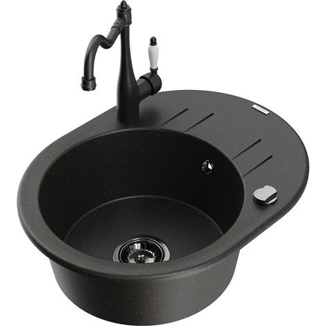 Mexen Kevin lavello in granito 1-vasca con scolapiatti e rubinetto da cucina Carla, nero/oro metallizzato - 6517-75-670700-70-B (1/5)