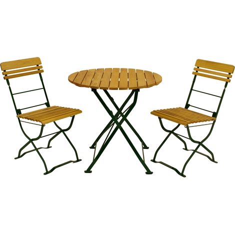 Biergarten - Garnitur MÜNCHEN 3-teilig (2x Stuhl, 1x Tisch rund 77cm), Flachstahl grün + Robinie (1/5)