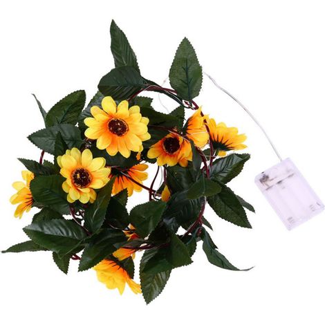 Guirlande lumineuse décorative d'intérieur en rotin, 30 LED, motif tournesol à feuilles vertes, fleurs artificielles (blanc chaud/BZ1293) (1/2)