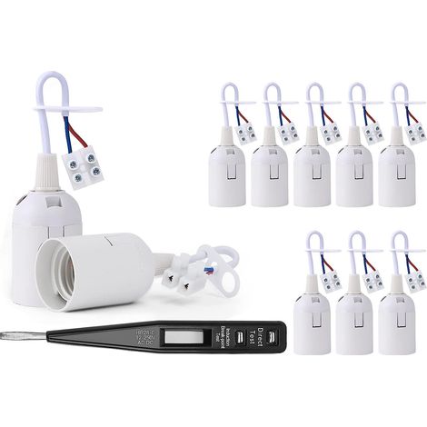MINKUROW Portalampada E27 da 10 Pezzi, Base Bianca a Sospensione, Portalampada da Costruzione, Portalampada da Lavoro a Led, Lampadine Standard con Base E27 con Tester di Fase (1/5)