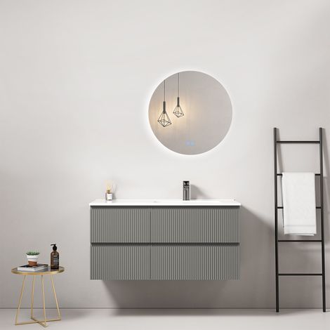 Mobile bagno sospeso cannettato 100 cm Grigio Londra Lavabo a Destra in Ceramica Specchio Tondo Retroilluminato - Fiji Paint