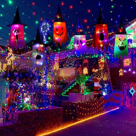 LED-Lichterketten in Form von Geister- und Hexenhüten zum Aufhängen für Halloween, als Außendekoration für Bäume, Veranda oder Garten. (1/5)