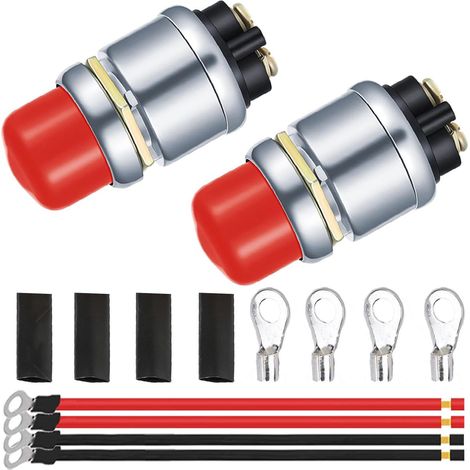 2PCS Commutateur de démarrage temporaire de bouton poussoir de 12V 50A Commutateur de démarrage temporaire de bouton poussoir résistant à l'eau, avec câble de borne de bague O de 12AWG 10cm, rouge