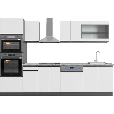 Küchenzeile R-Line, Weiß/Anthrazit, 300 cm mit Hochschrank, AP Marmor, Vicco