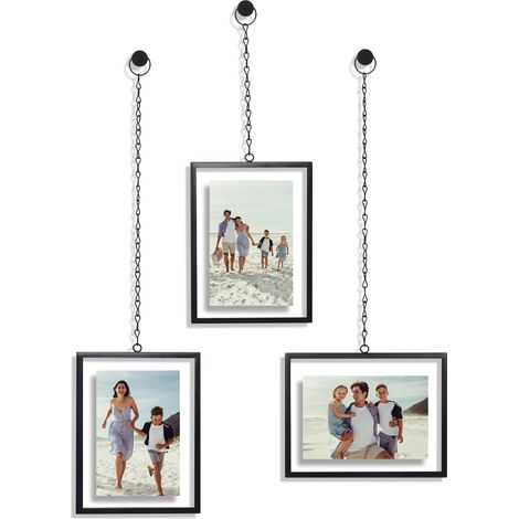 Lot de 3 cadres flottants en métal avec chaîne – Comprend deux cadres de 20,3 x 15,2 cm et un cadre de 15,2 x 20,3 cm – Cadre photo noir avec verre incassable (1/5)